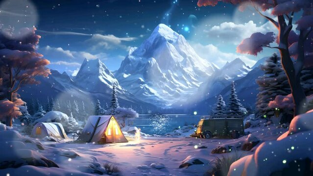 Awesome animation camping in winter with a lake and mountains in the background. 4k best quality loop premium animation