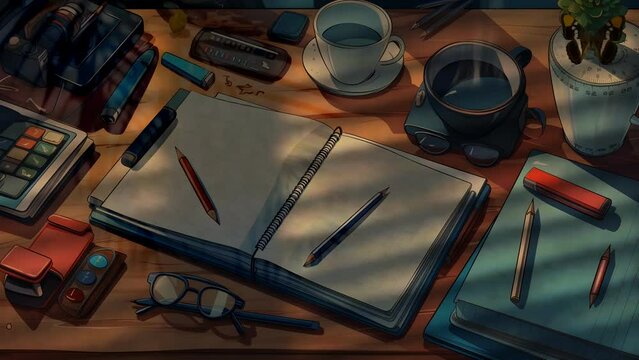 Back to campus 4k animation. study table with lots of stationery and hot drinks