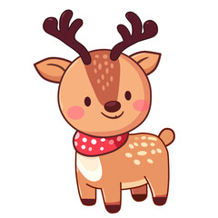Cute Reindeer with horns red scarf. Christmas Cartoon vector illustration.