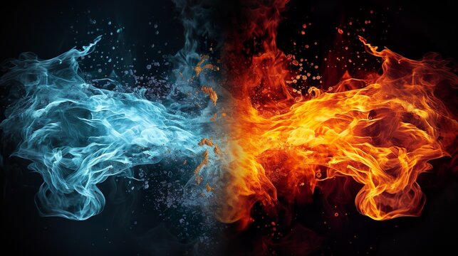 Fire and water element, blue and red contrast background.