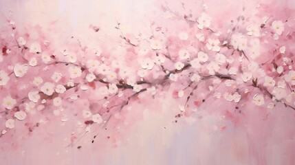 A soft pastel pink background adorned with delicate cherry blossoms in full bloom, their petals...