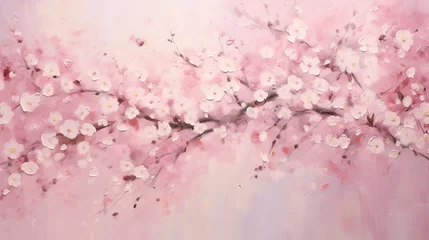 Foto op Canvas A soft pastel pink background adorned with delicate cherry blossoms in full bloom, their petals gently falling to the ground, creating a serene and dreamy atmosphere. © Kanwal