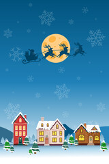 Fototapeta premium Christmas night scene with Santa Claus rides over scandinavian colorful houses