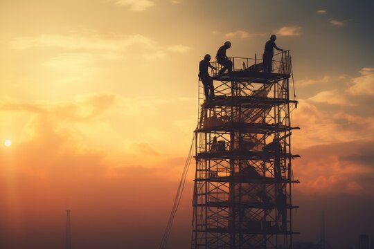 Silhouette of Engineer and worker on building site, construction site at sunset in evening time