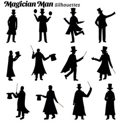 Set of illustrations of magician silhouettes