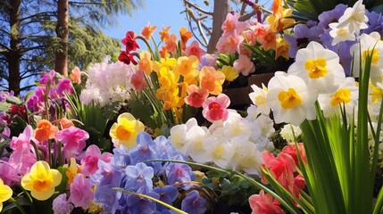 A top view of a lush garden featuring a variety of colorful daffodils, pansies, and irises on a sky-blue platform.