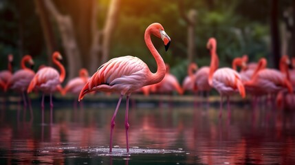 pink flamingos in the fantasy lake , landscape wallpaper - obrazy, fototapety, plakaty