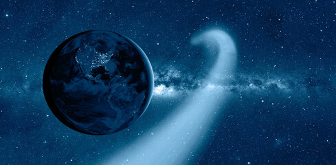 Comet on the space Planet Earth in the background 