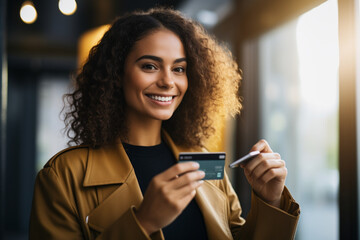 portrait of a woman holding credit card with smiley face