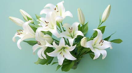 A top-down view of a bouquet of white lilies set against a mint-green backdrop, capturing the purity and elegance of the flowers.