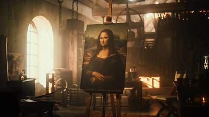 The Famous Painting of the Mona Lisa Resting on an Easel Stand in an Old Art Workshop. Warm Atmosphere Inside a Renaissance Creative Space full of Inspiration - obrazy, fototapety, plakaty