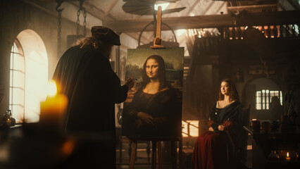 Representation of the Historical Moment of the Genius Leonardo Da Vinci Painting his Muse and Creating his Masterpiece, the Mona Lisa, in his Art Workshop. Pure Talent and Inspiration Put on Canvas - obrazy, fototapety, plakaty