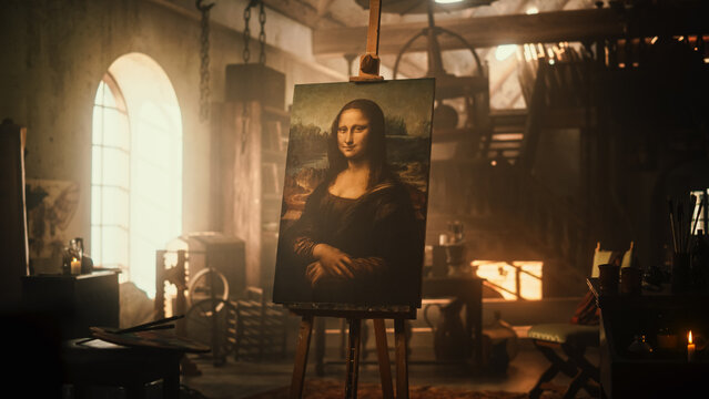 The Famous Painting of the Mona Lisa Resting on an Easel Stand in an Old Art Workshop. Warm Atmosphere Inside a Renaissance Creative Space full of Inspiration