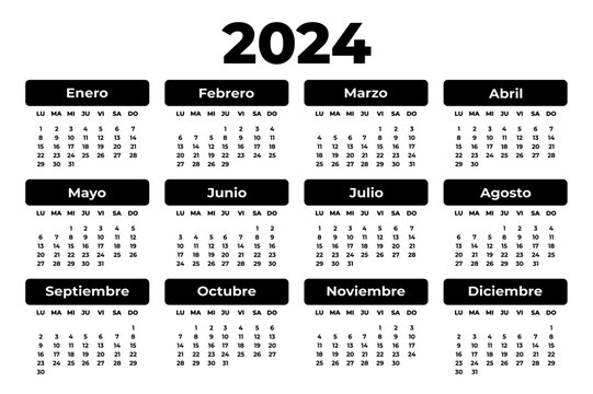 Spanish horizontal calendar for 2024 year. White background. Isolated vector image. Planner template