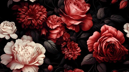 AI generated illustration of black background with vibrant red baroque roses, in dim lighting