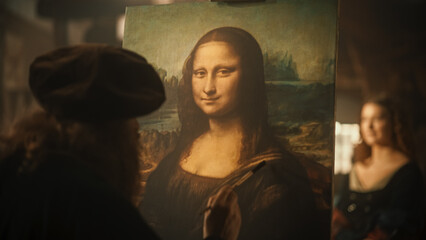 Close Up on The Painting of the Mona Lisa Being Created by Leonardo da Vinci in his Workshop....