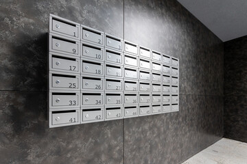 Many post boxes in modern apartment building. Postage boxes in an apartment complex.