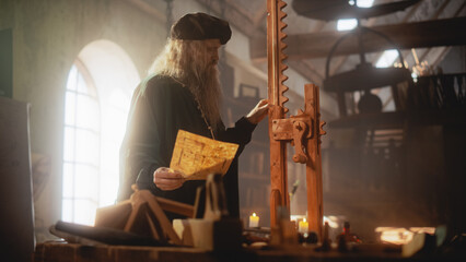 Portrait of Old Renaissance Male Inventor Working on Mechanical System as Part of his Next...