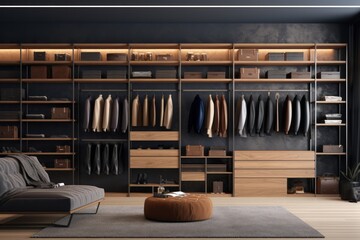 Elegant men's fashion store interior with clothing display. Retail design. - obrazy, fototapety, plakaty