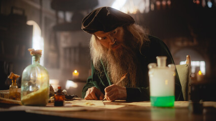 Fantasy Setting: Portrait of an Alchemist Working on Elixirs in his Medieval Laboratory, Taking Notes. An Old Sorcerer Creating a Healing Potion for his Village, Experimenting with Chemical Reactions - obrazy, fototapety, plakaty