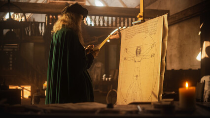 The Blend of Art and Science: Documentary Shot of Leonardo Da Vinci Working on his Famous Piece of the Vitruvian Man in his Workshop. Historical Moment Depiction of Talent and Brilliance - obrazy, fototapety, plakaty