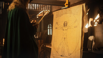 The Blend of Art and Science: Documentary Shot of Leonardo Da Vinci Working on his Famous Piece of the Vitruvian Man in his Workshop. Historical Moment Depiction of Talent and Brilliance - obrazy, fototapety, plakaty