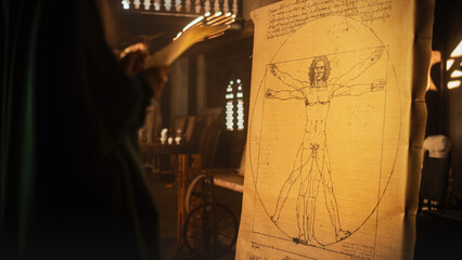 Medium Shot of the Drawing of the Vitruvian Man by Leonardo da Vinci Resting on an Easel in...