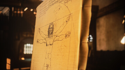 Close Up on the Drawing of the Vitruvian Man by Leonardo da Vinci Resting on an Easel in Art...