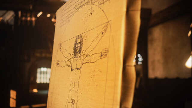 Close Up on the Drawing of the Vitruvian Man by Leonardo da Vinci Resting on an Easel in Art Studio. The Famous Piece Representing Science, Art, Health and Fitness. Important Painting from History