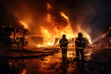 Firefighters extinguish a fire in a residential building at night.