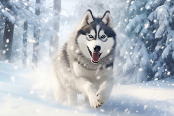 Naklejka premium Siberian husky dog running in the winter forest with snowflakes