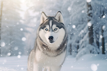 Siberian husky dog running in the winter forest with snowflakes