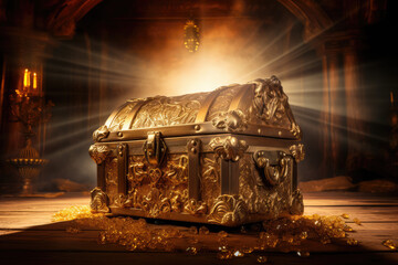Treasure chest full of gold coins on dark toned foggy background - obrazy, fototapety, plakaty