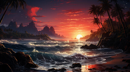 Paysage paradisiaque avec une belle vue sur la mer et un couché de soleil, univers désertique et tropicale