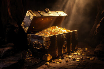 Treasure chest full of gold coins on dark toned foggy background