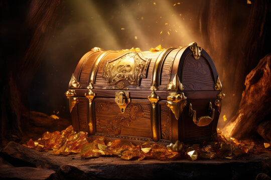 Treasure chest full of gold coins on dark toned foggy background