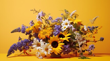 An assortment of wildflowers, including daisies, violets, and sunflowers, arranged haphazardly on a sunny yellow table.