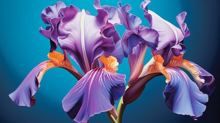 An iris in rich shades of violet and indigo against a bright teal background.