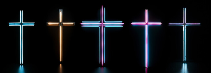 Set of glowing neon cross - crucifix - religious symbol glowing set against a black background (Can also be used as a glowing letter T from the alphabet)  - obrazy, fototapety, plakaty