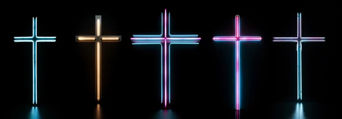 Poster Set of glowing neon cross - crucifix - religious symbol glowing set against a black background (Can also be used as a glowing letter T from the alphabet)  © ana