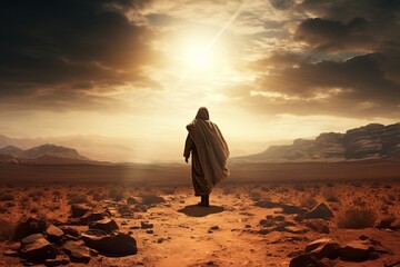 A Solitary Figure Braving the Vastness: A Man Walking Across a Desert Under a Cloudy Sky