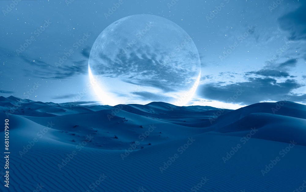 Poster night sky with crescent moon in the clouds on the foreground sand dune of sahara desert