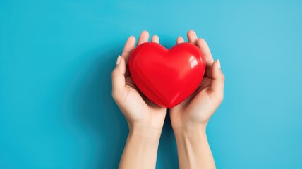 Obraz premium Hands Embracing a Vibrant Red Heart on a Serene Blue Background