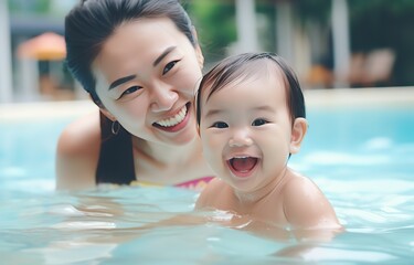 Photo of smiling Asian mother and daughter in swimming pool  in sunny day, happy family summer vacation joyful and optimistic atmosphere, generative Ai