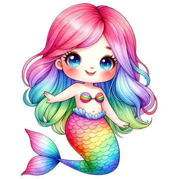 Watercolor Cute Rainbow Mermaid