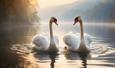 Two elegant swans in love gracefully glide across a serene lake in the mountain forest. The morning fog envelops the scene.