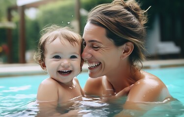 Fototapeta na wymiar Photo of smiling mother and daughter in swimming pool in sunny day, happy family summer vacation joyful and optimistic atmosphere, generative Ai