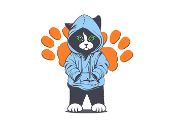 Vector street serious bandit puss in a blue hoodie, paws in his pockets and green eyes. Cat cartoon portrait. White isolated background.