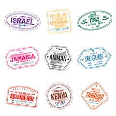 Set of travel visa stamps for passports. Abstract international and immigration office stamps. Arrival and departure customs visa stamps to country. Vector - obrazy, fototapety, plakaty