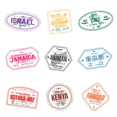 Poster Set of travel visa stamps for passports. Abstract international and immigration office stamps. Arrival and departure customs visa stamps to country. Vector © Yevhenii